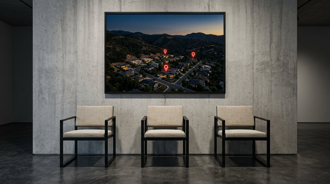 Three modern chairs beneath a framed dusk photograph of a hillside neighborhood, symbolizing three exclusive listing appointment seats per zip code