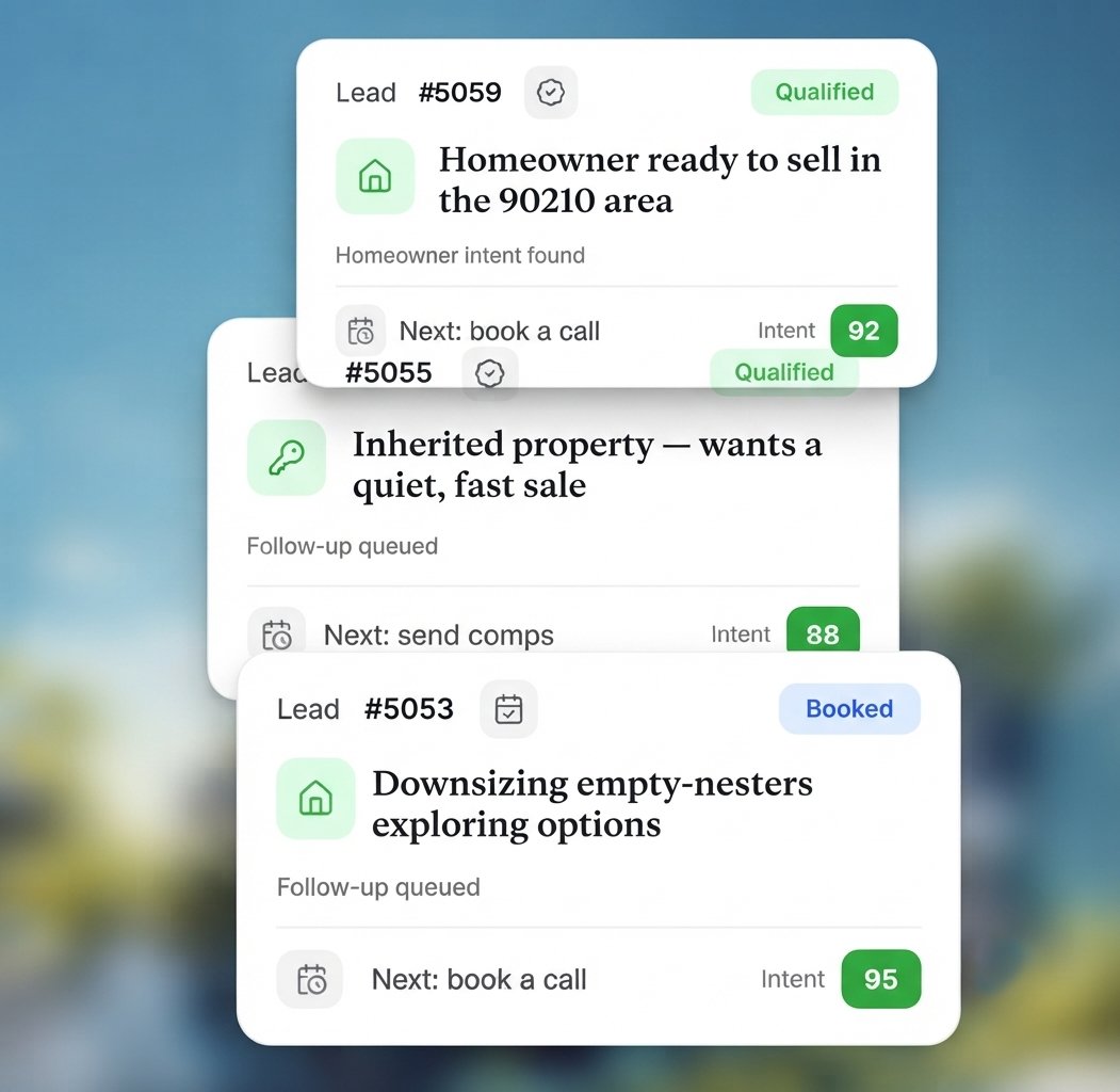 Live lead cards showing homeowner intent scores, qualified status, and next actions like booking a call